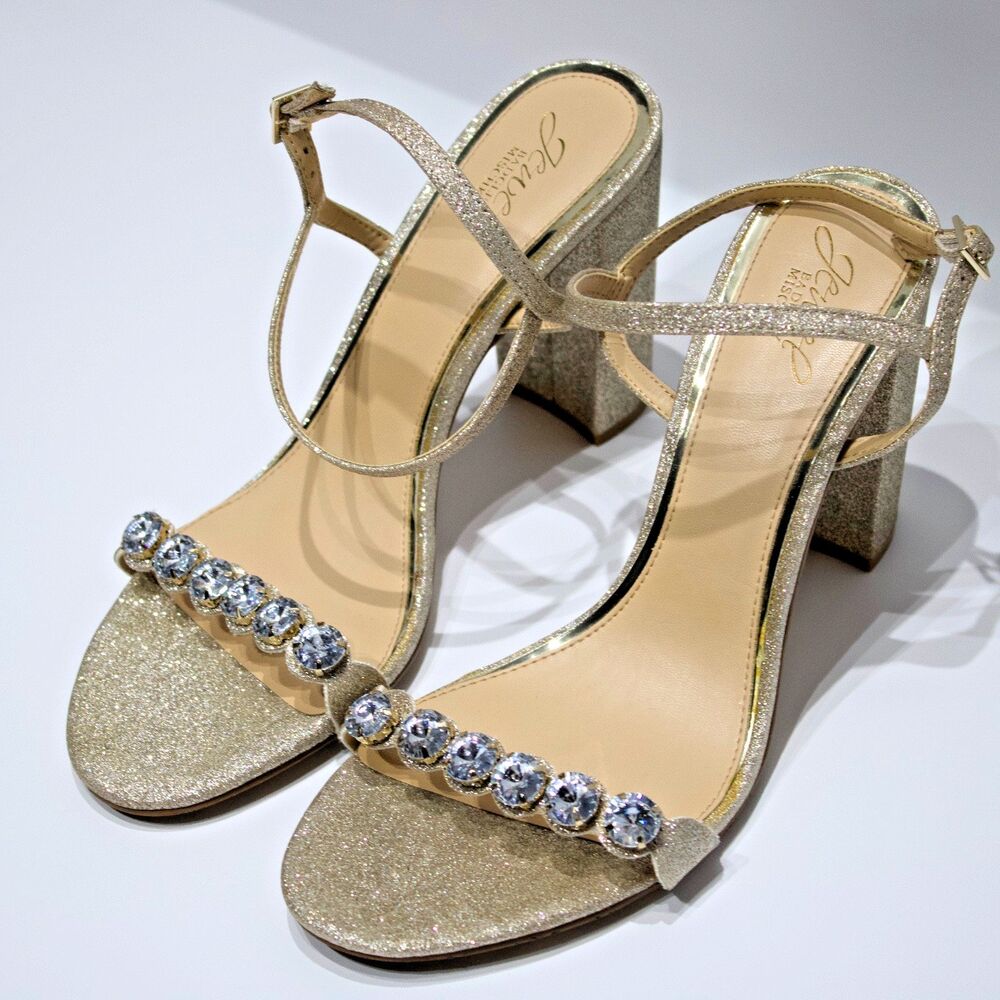 Badgley Mischka Jewel Gold Glitter Bejeweled 4" Heel Sandals Women's Size 11